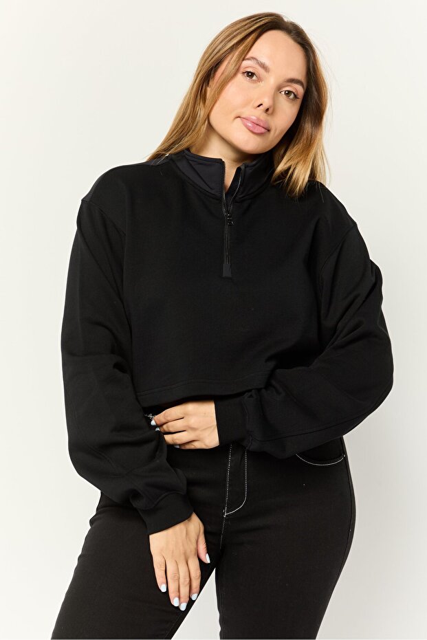 Women High Neck Solid Long Sleeves Cropped Sweatshirts, Black