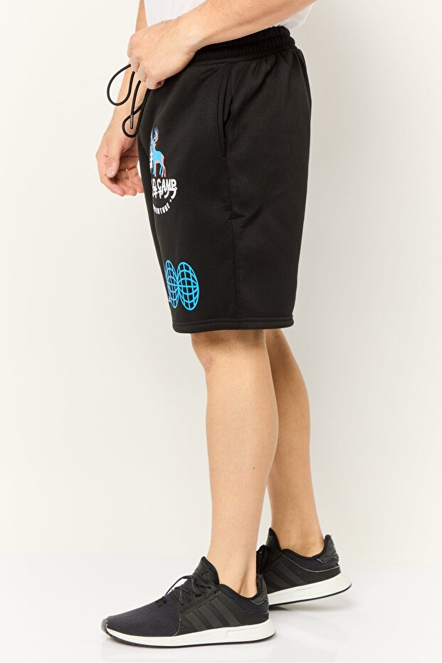 Men Graphic Drawstring Basic Shorts, Black - 3