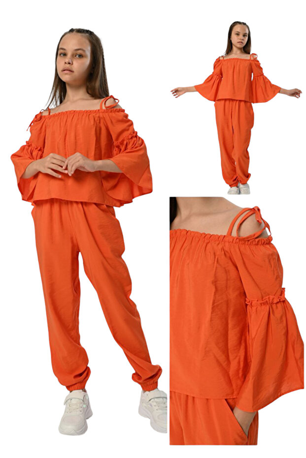 Girl's Bat Sleeve Rope Strap Orange Trousers Suit