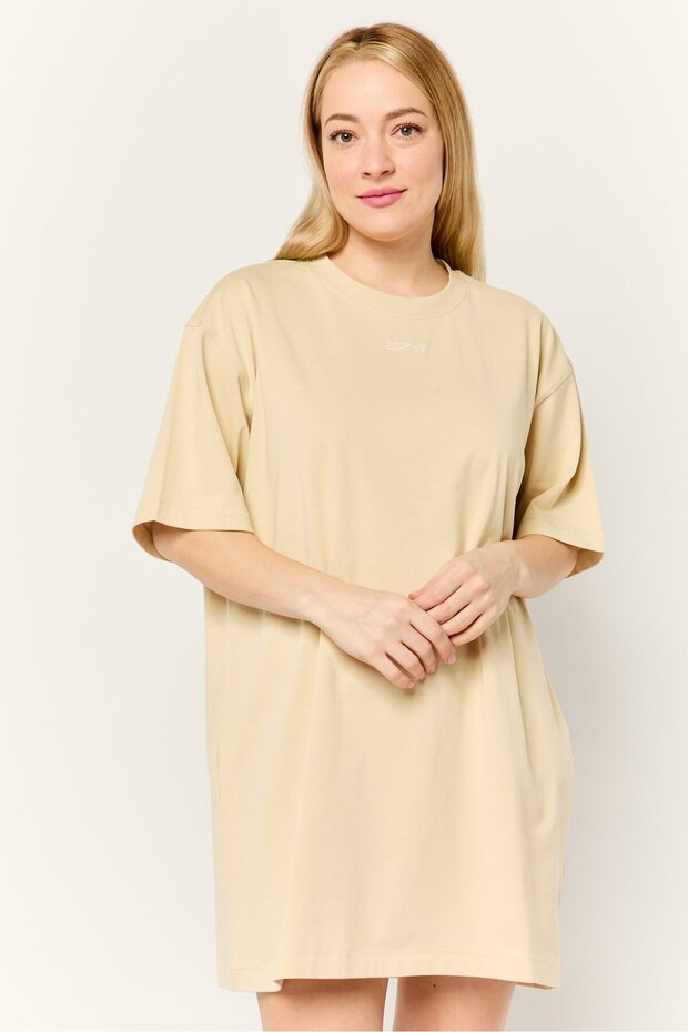 Women Embroidered Logo Shirt Dress, Beige