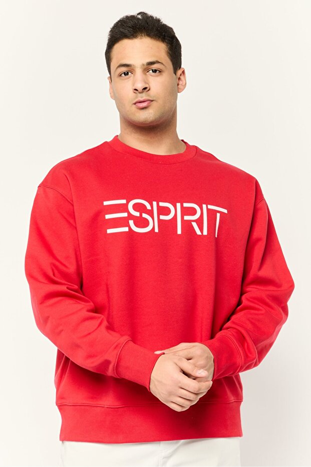 Men Ribbed Collar Long Sleeves Brand Logo Sweatshirts, Red