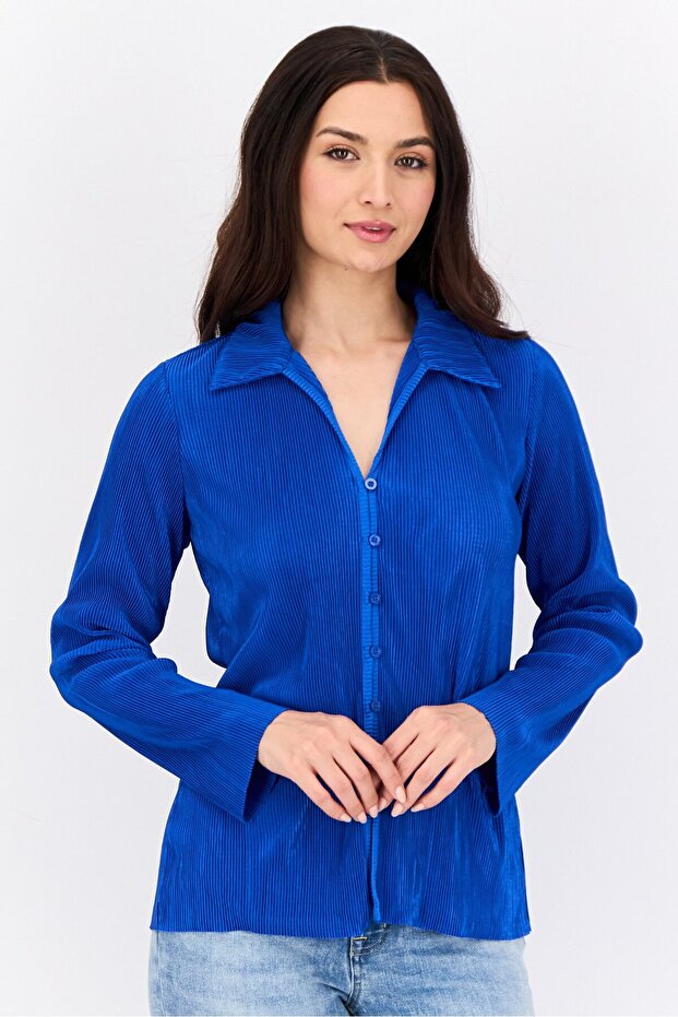 Women Spread Collar Long Sleeves Cordaroy Blouse, Blue