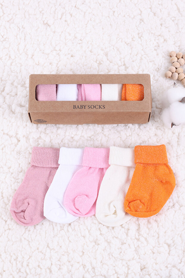 Organic Baby Girl Socks Set (5 Pieces) - Gift Boxed, Pink Tones