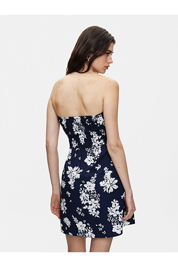 Çiçekli Mini Lacivert Elbise - 3