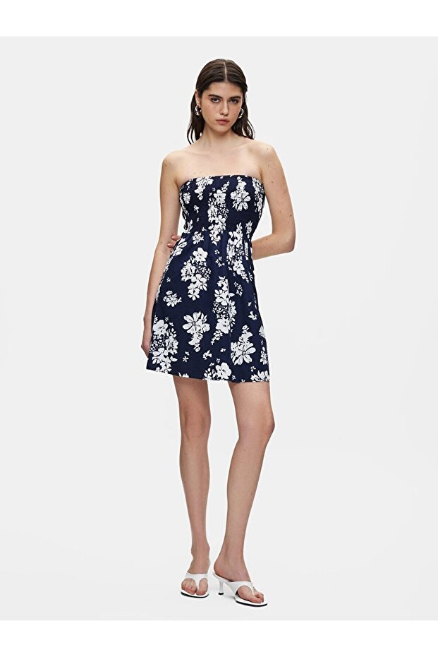 Çiçekli Mini Lacivert Elbise - 1