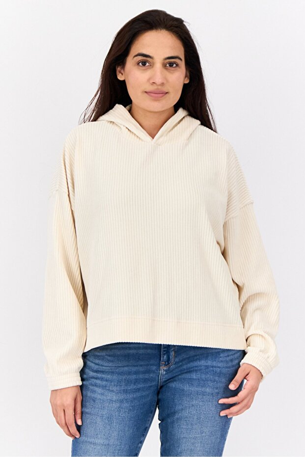 Women Hooded Ribbed Sweatshirt, Ivory