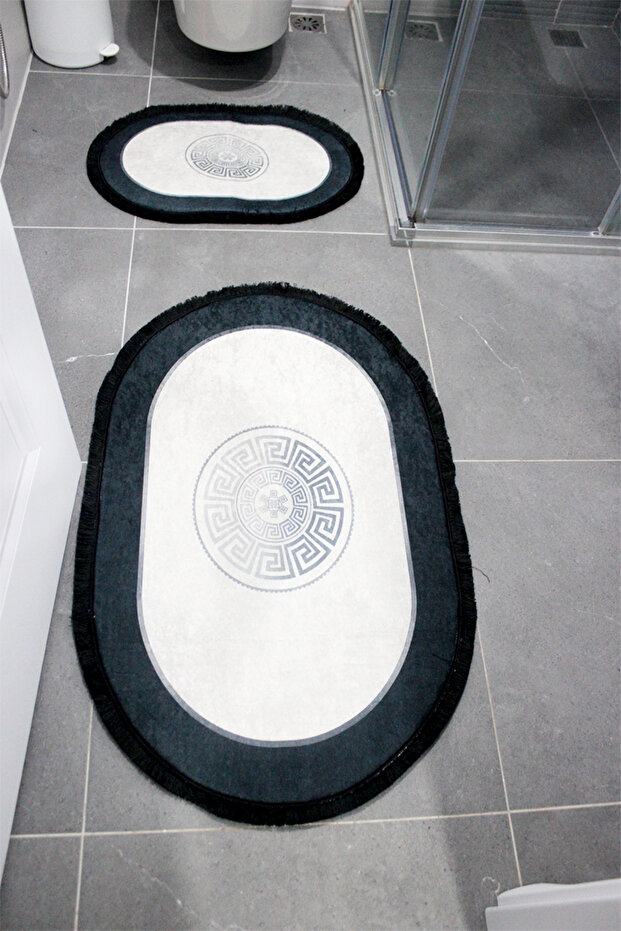 Silver Greek Patterned Bath Mat Non-Slip Base, Machine Washable, Bath Mat Set of 2 with Fringes - 1