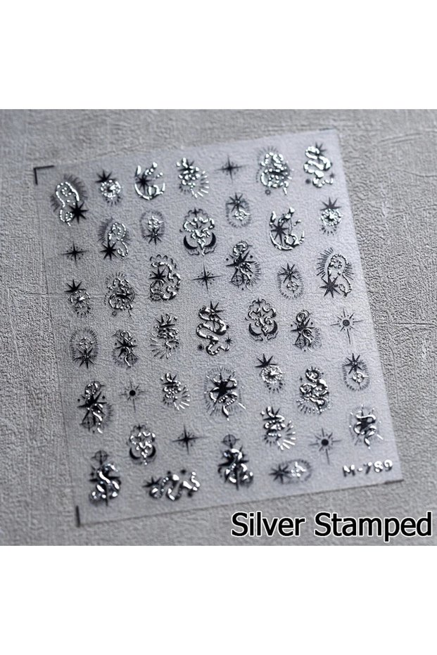 M789 5D Gold Stamped Silver Sun Stars Snake Nail Art Stickers Totems Reliefs Self Adhesive