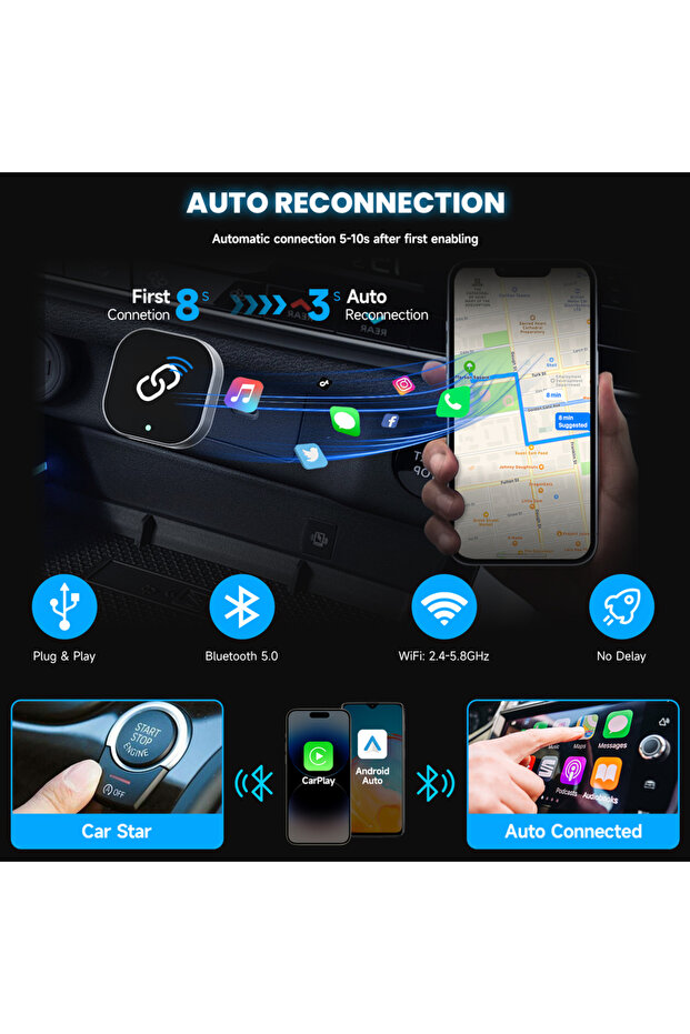2 in 1 Wireless CarPlay Adapter Plug & Plug Auto Connect No Delay Converts Wired to Wireless Comp... - 5