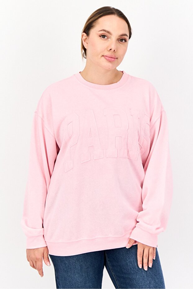 Women Crew Neck Brand Logo Long Sleeves Sweatshirt, Pink