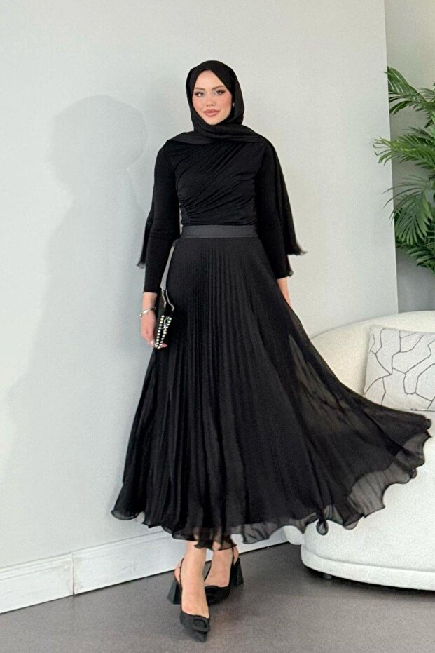 Piliseli Şifon Etek Siyah - 2