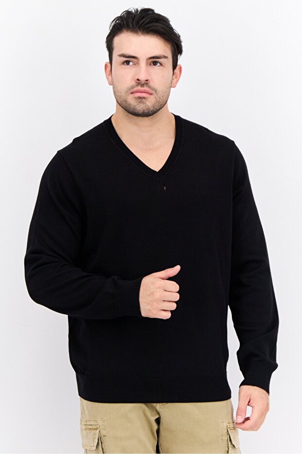 Men V-Neck Plain Long Sleeves Sweatshirt, Black