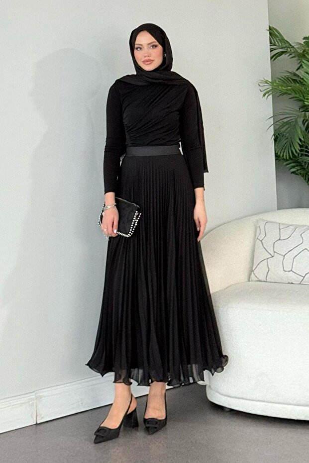 Piliseli Şifon Etek Siyah - 4