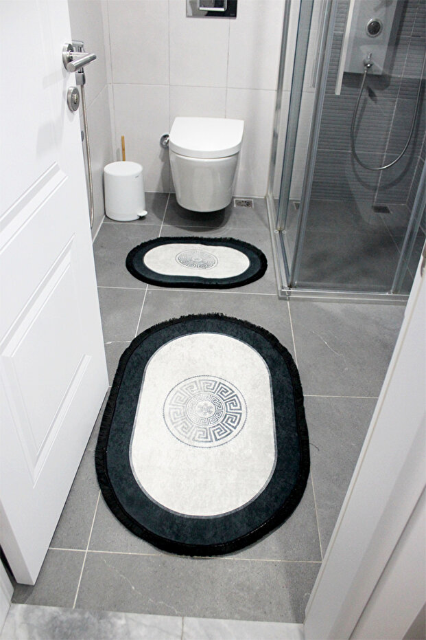 Silver Greek Patterned Bath Mat Non-Slip Base, Machine Washable, Bath Mat Set of 2 with Fringes - 2