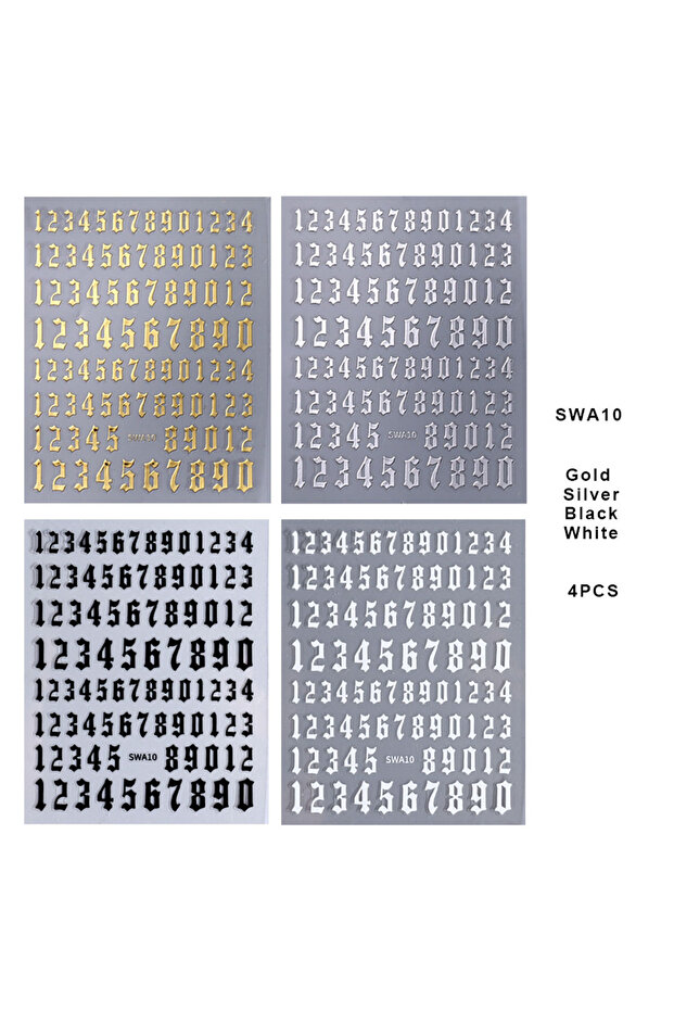 SWA10 4PCS 4pcs 3D Numbers English Alphabet Nail Art Stickers Adhesive Letter Decal Gold Silver Colo