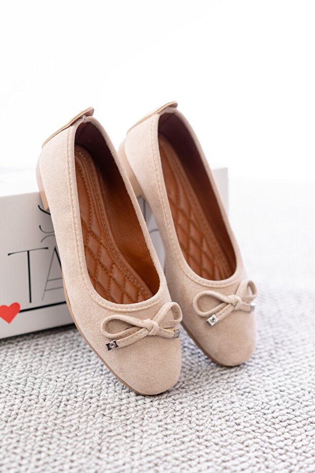 Dutin Beige Suede Bow (2 cm) Oval Toe Daily Use Ballerinas