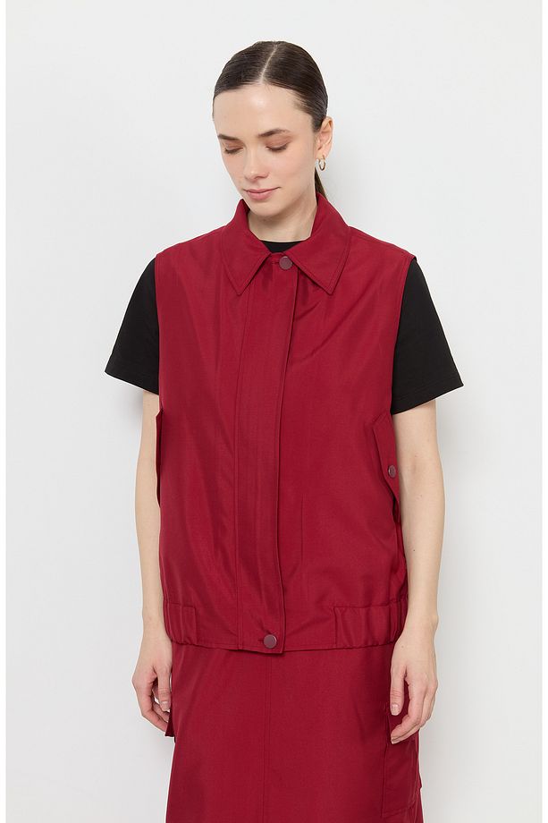 Fermuarlı Bordo Midi Trenç Yelek - 5