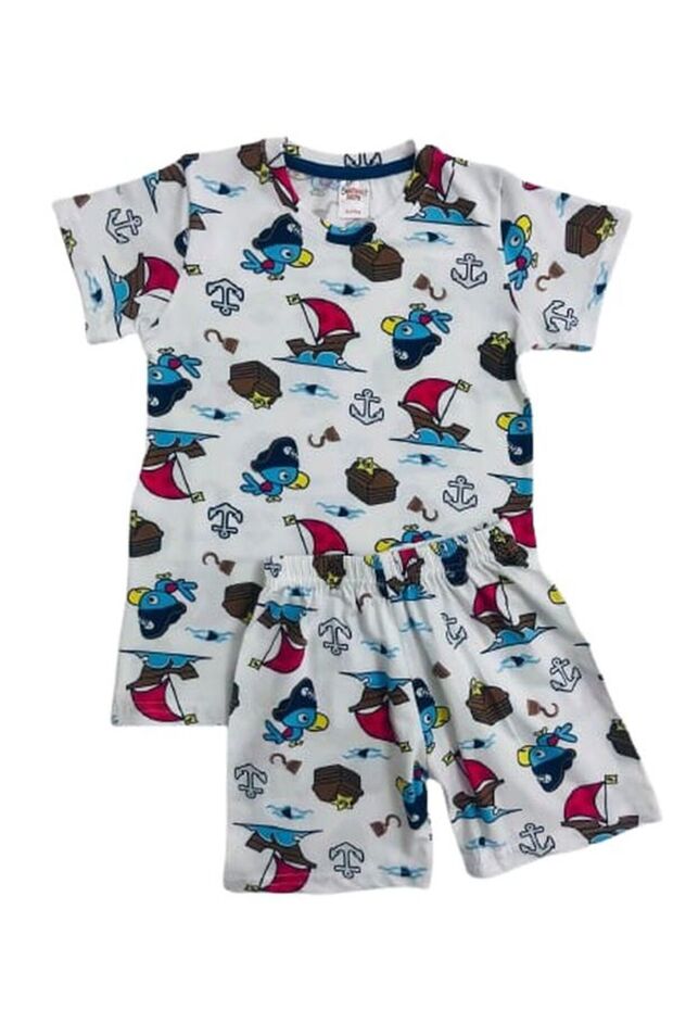 Boy's 100% Cotton White Sea Themed Short Sleeve Shorts Pajama Set