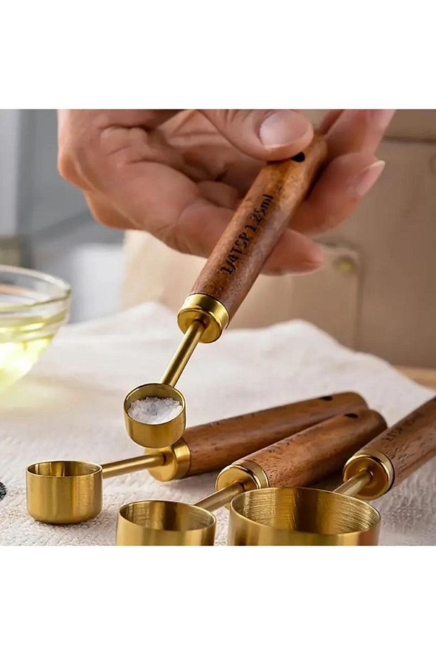4 Adet Paslanmaz Çelik Ahşap Saplı Ölçü Kaşığı Seti Ölçü Kabı 15ml 5ml 2.5ml 1.25ml - 8