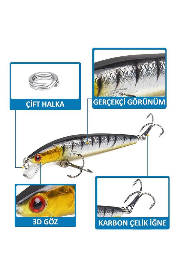 10 Adet 10cm 9gr Minnow Sahte Olta Yem Seti Rapala 1m Derinlik 10 Farklı Renk Karbon Çelik - 3