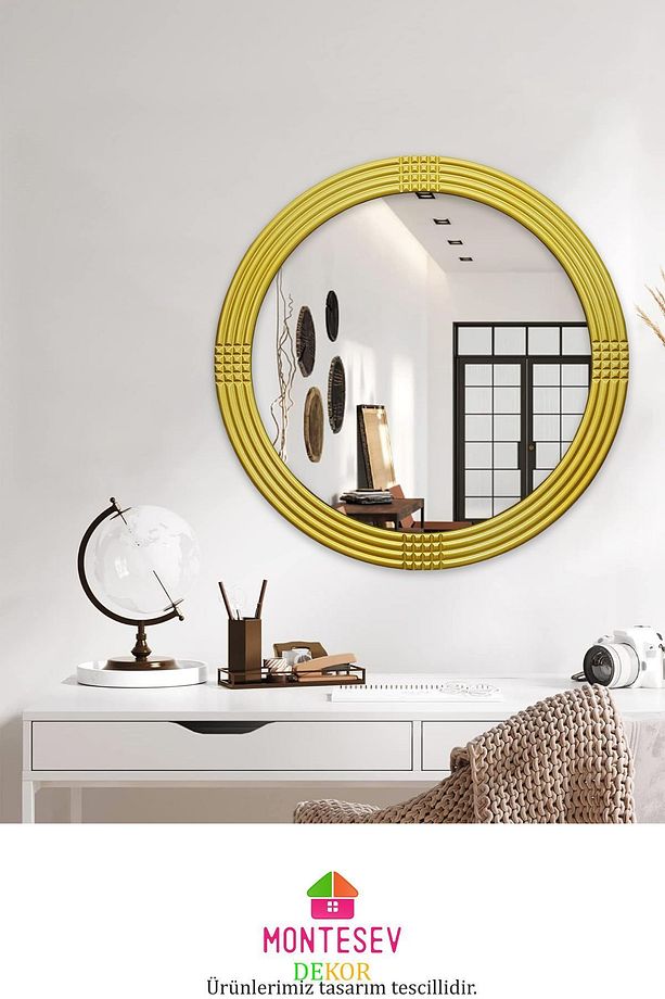 Safir Ahşap Gold Dekoratif Ayna Yuvarlak Ayna Işlemeli Duvar Aynası Tekli - 69 Cm - 5