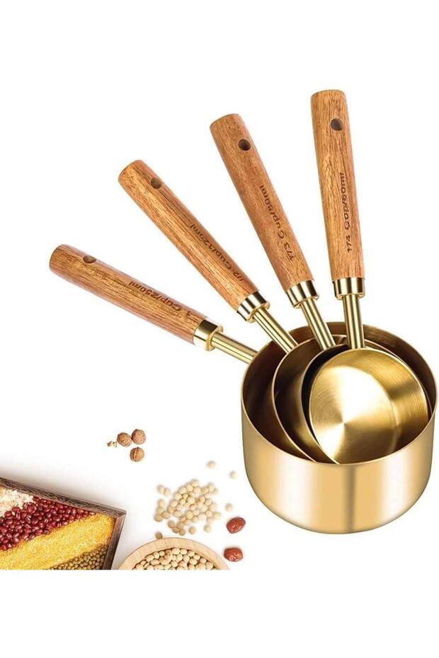 4Pcs Large Size Stainless Steel Wooden Strappy Size Spoon Set Measuring Cup 60ml 80ml 125ml 250