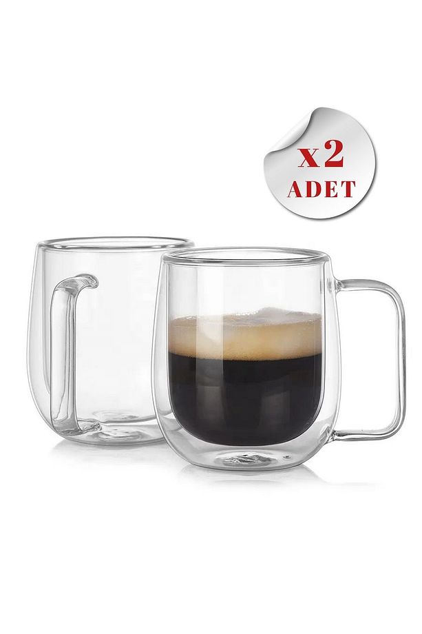Çift Camlı Çift Cidarlı Cam Kupa 350ml Ev Ofis Fincanı Çift Camlı Kulplu Bardak 2li - 4