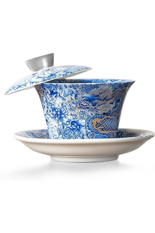Çin Ejderhası Gaiwan Mavi Sancai Çay Kasesi Seti, 100 ml Porselen Fincan ve Tabak - 1