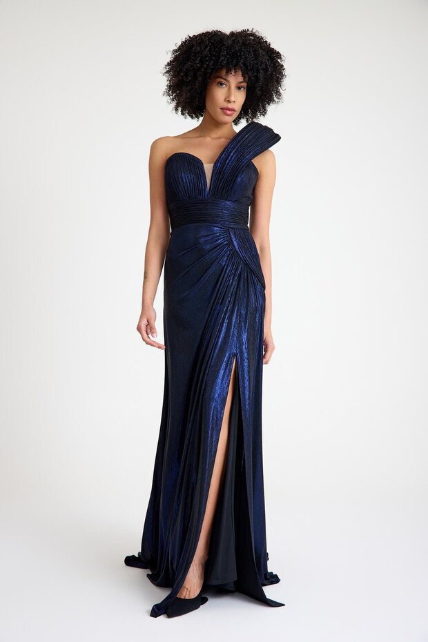 6019SIM TEK OMUZ SİMLİ LAME ELBİSE - 5