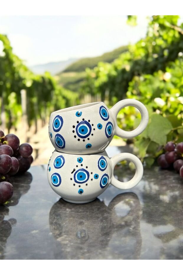 Handmade Evil Eye Bead Embossed Patterned 2-Piece Ceramic Mug - 4