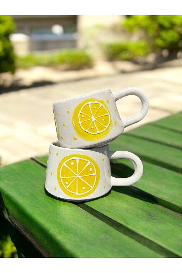 Handmade Lemon Embossed Patterned 2-Piece Ceramic Mug - 2