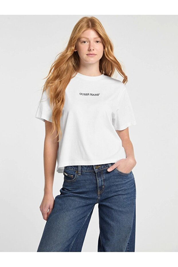 Дънки GJ SS CN BOXY EMBRO LOGO TEE Дамска бяла тениска W5RI42K8HM0-G011 - 1