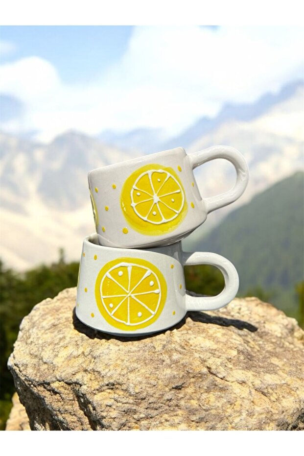 Handmade Lemon Embossed Patterned 2-Piece Ceramic Mug - 3
