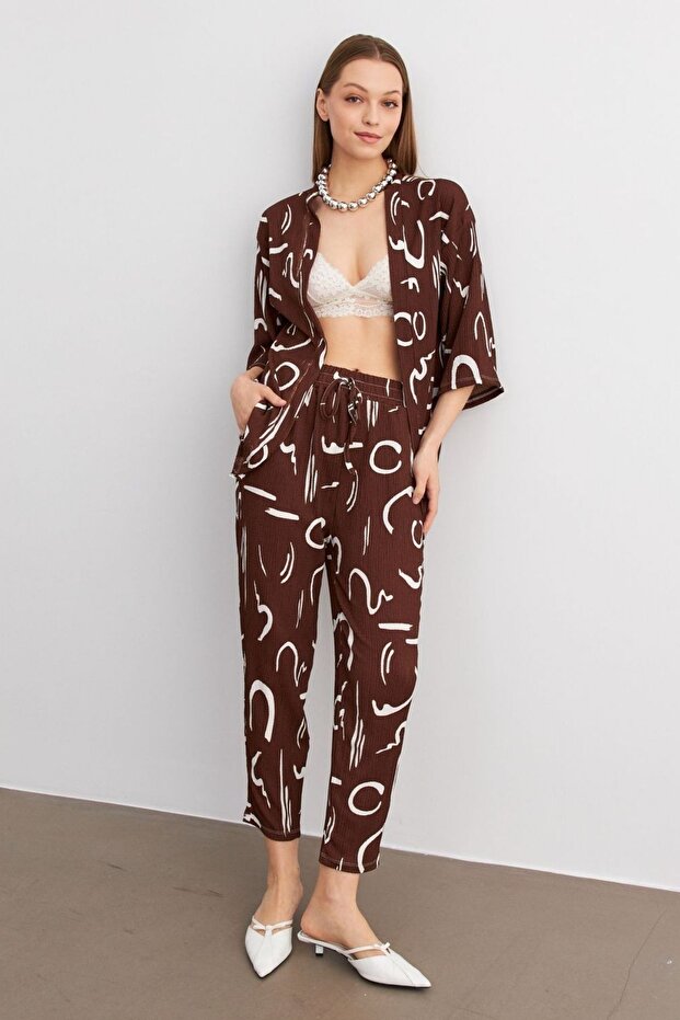 Women's Brown Patterned Kimono Shirt Pants Set