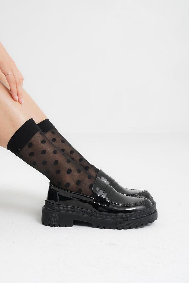 Kadın Siyah Rugan Corteko Kalın Taban Loafer Makosen Ayakkabı 4,5cm Byndlfrk02 - 1