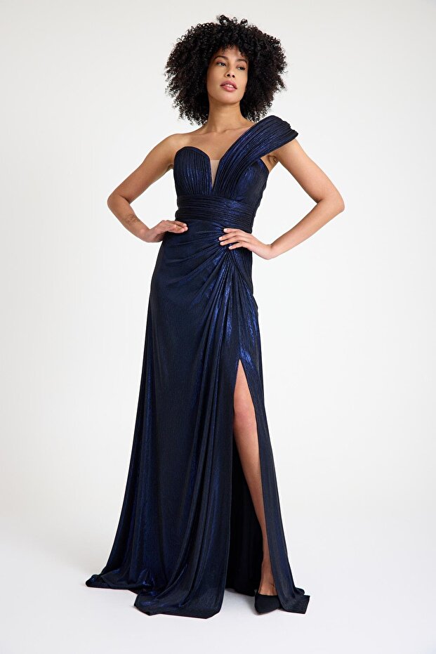 6019SIM TEK OMUZ SİMLİ LAME ELBİSE - 4