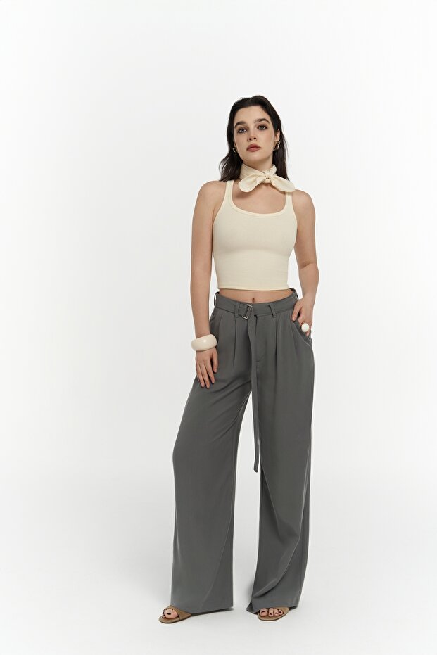 Paros Belt Detail Gray Palazzo Trousers