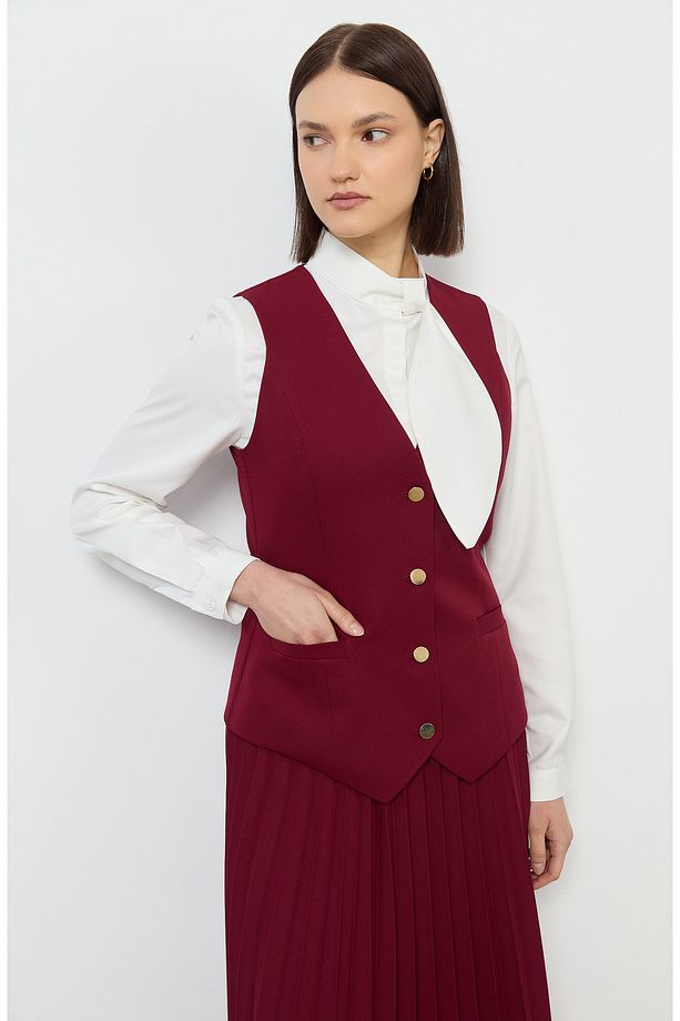 Double Bordo Midi Yelek - 4
