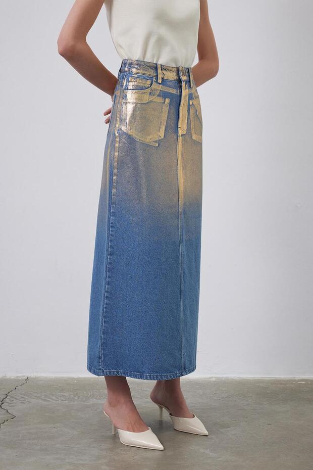 Shiny Print Patterned Denim Pencil Skirt Gold