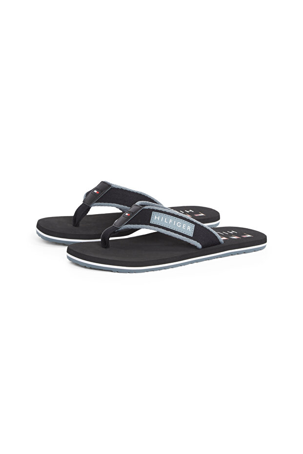 Men Black Patch Logo Webbing Flip Flops - 3