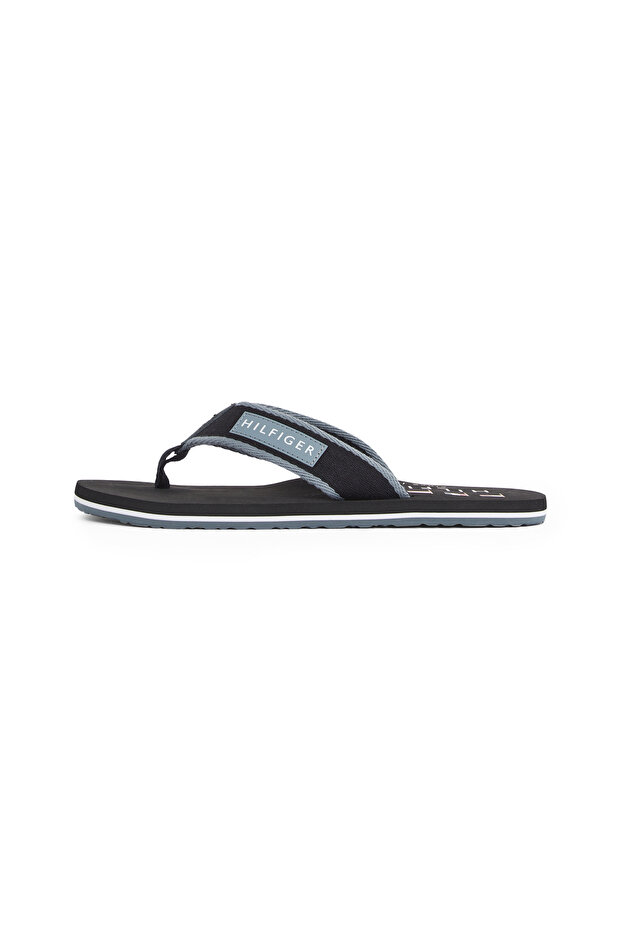 Men Black Patch Logo Webbing Flip Flops - 1