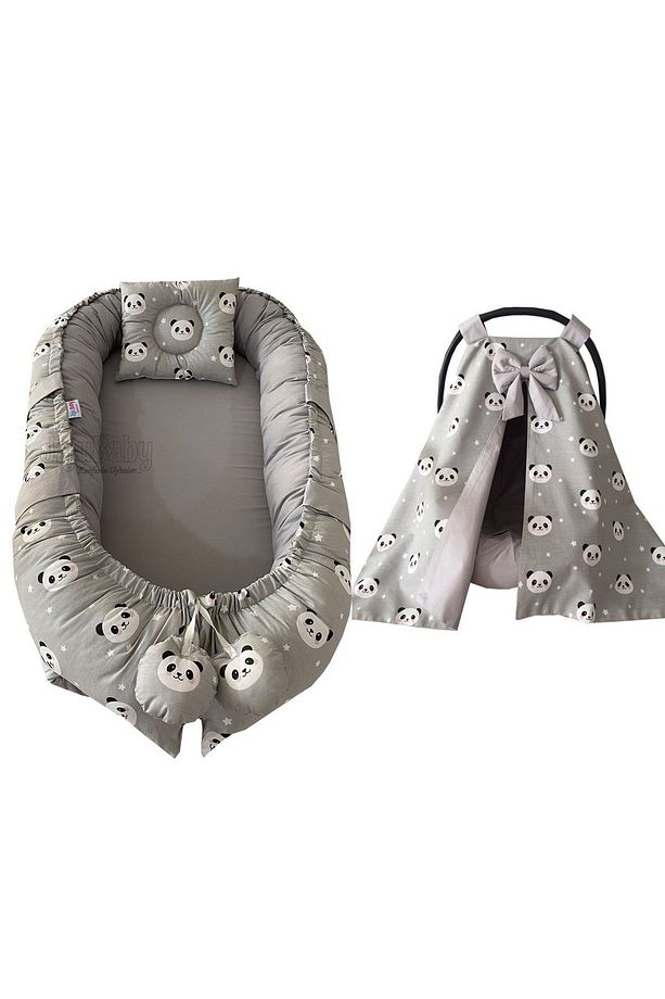Gri Panda Kumaş Babynest ve Puset Örtüsü Set - 1