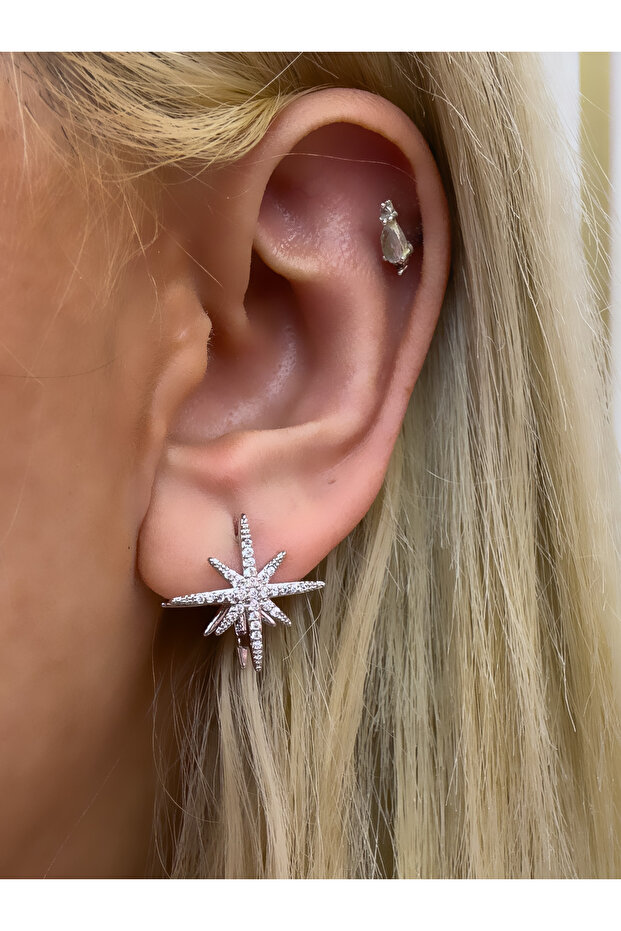 ZİRKON TAŞLI KUTUP YILDIZI MODEL ÇELİK KÜPE - 3