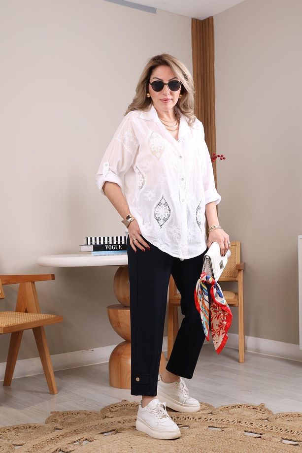 İthal Çiçek Motif Beyaz Gömlek - 5