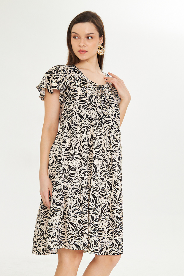 منقوشة الخامس الرقبة فستان قصير - 7