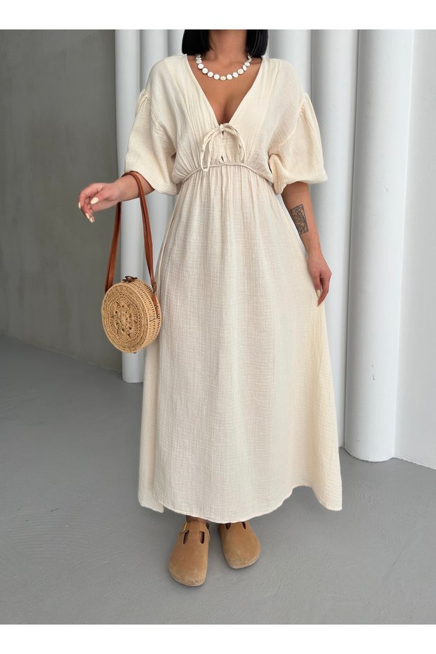 Women's Beige V-Neck Muslin Summer Dress with Lacing Detail