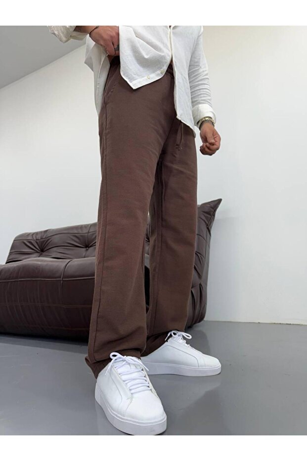 Men's Brown Elastic Waist Baggy Fit Linen Trousers