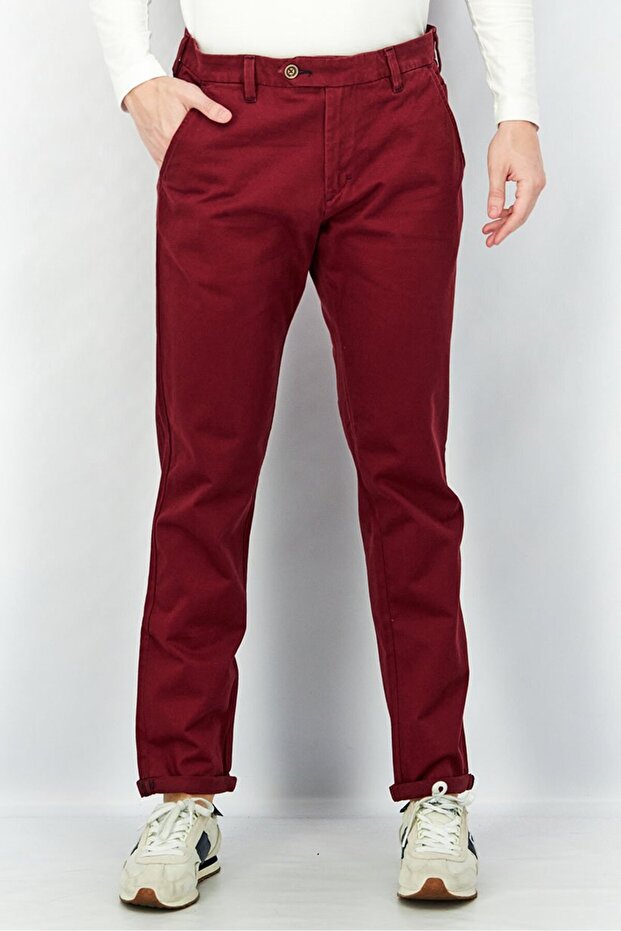Men Narrow Fit Solid Chino Pants, Burgundy