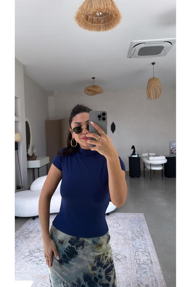 Navy Blue Oys Modal Stand Collar Basic - 1