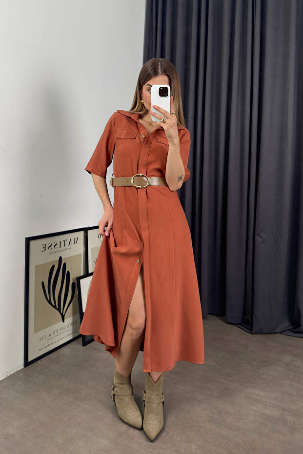 Tarçın Rengi Kısa Kollu Midi Boy Elbise - 1